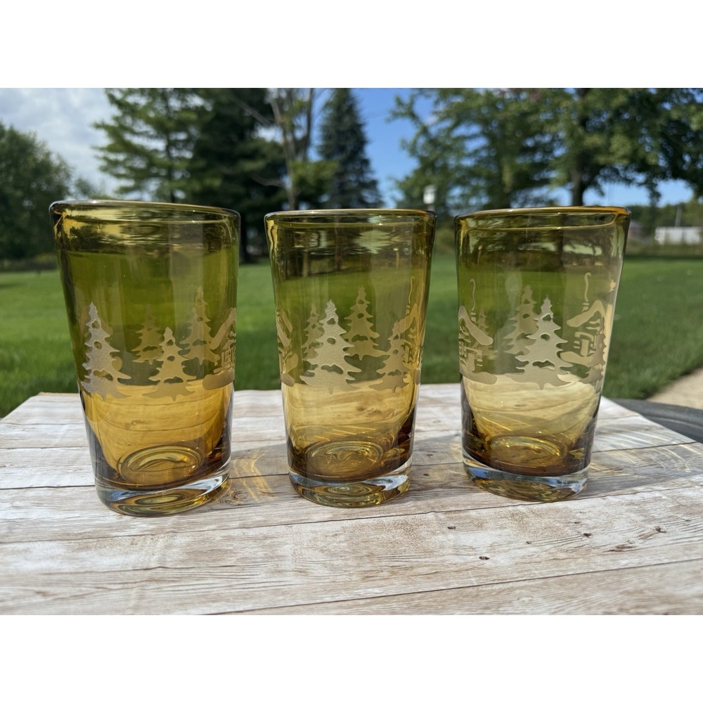 Homestudio Woodland Set 3 Double Old Log Cabin Glass Tall Tumbler Amber VTG 90s